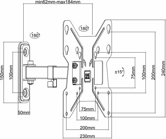 OneForAll WM2241 Vesa 200 muurbeugel draaibaar (90)voor  tv's van 13 tot 43 inch.